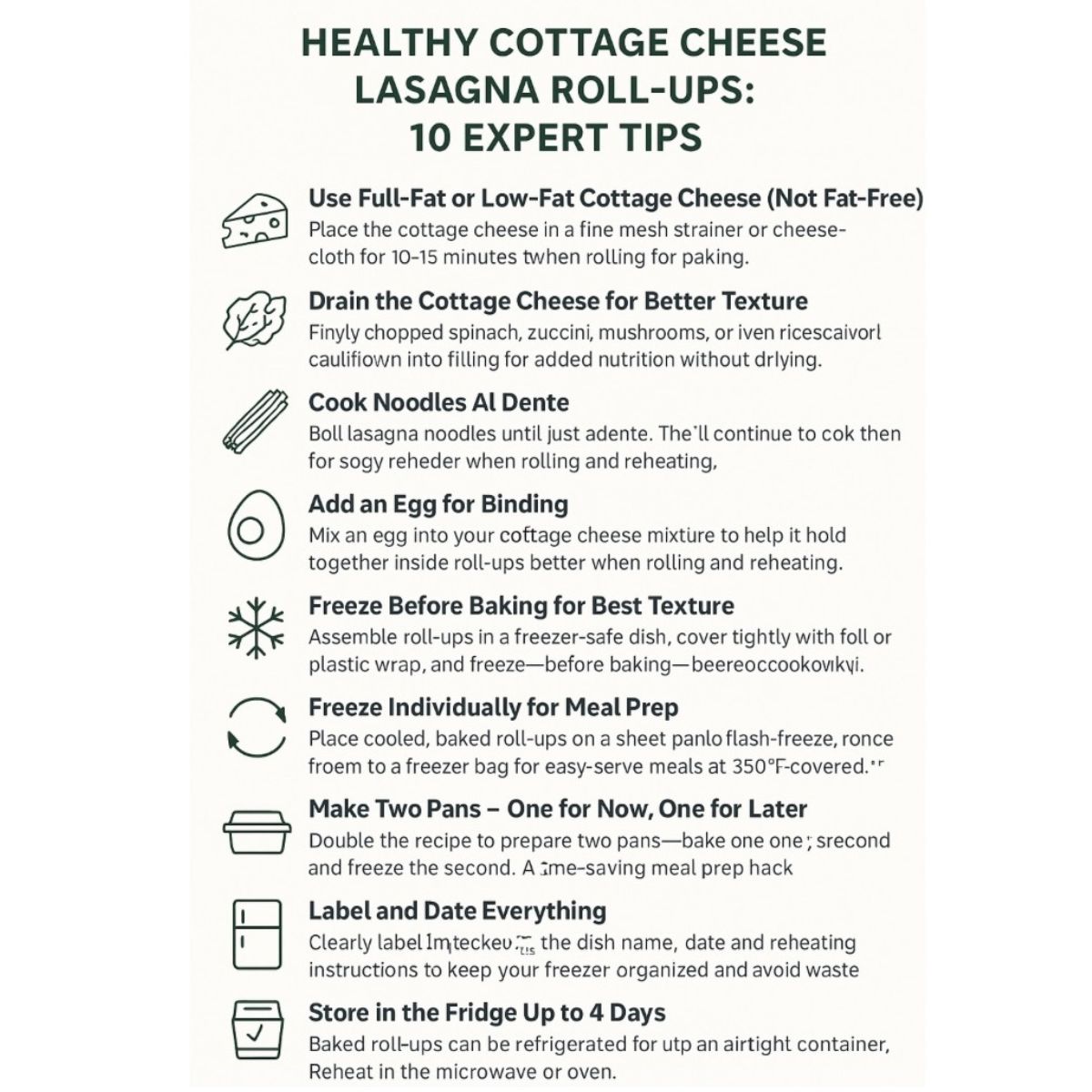A list of tips for preparing high protein lasagna cottage cheese roll-ups