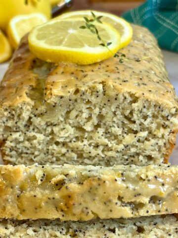 A sliced lemon poppyseed loaf