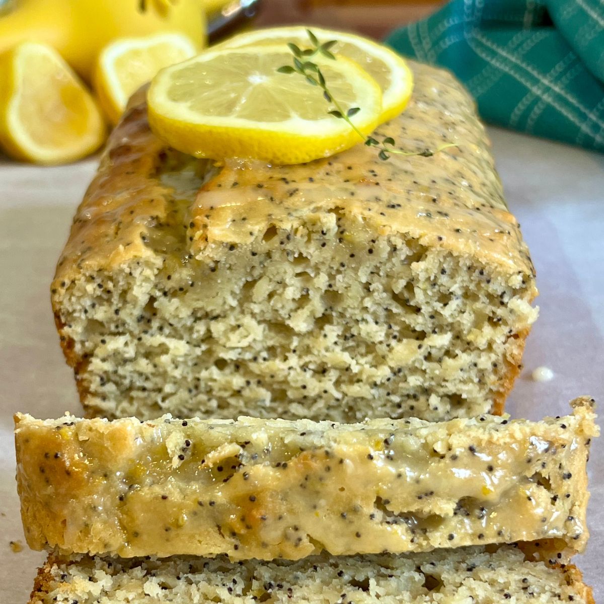 A sliced lemon poppyseed loaf