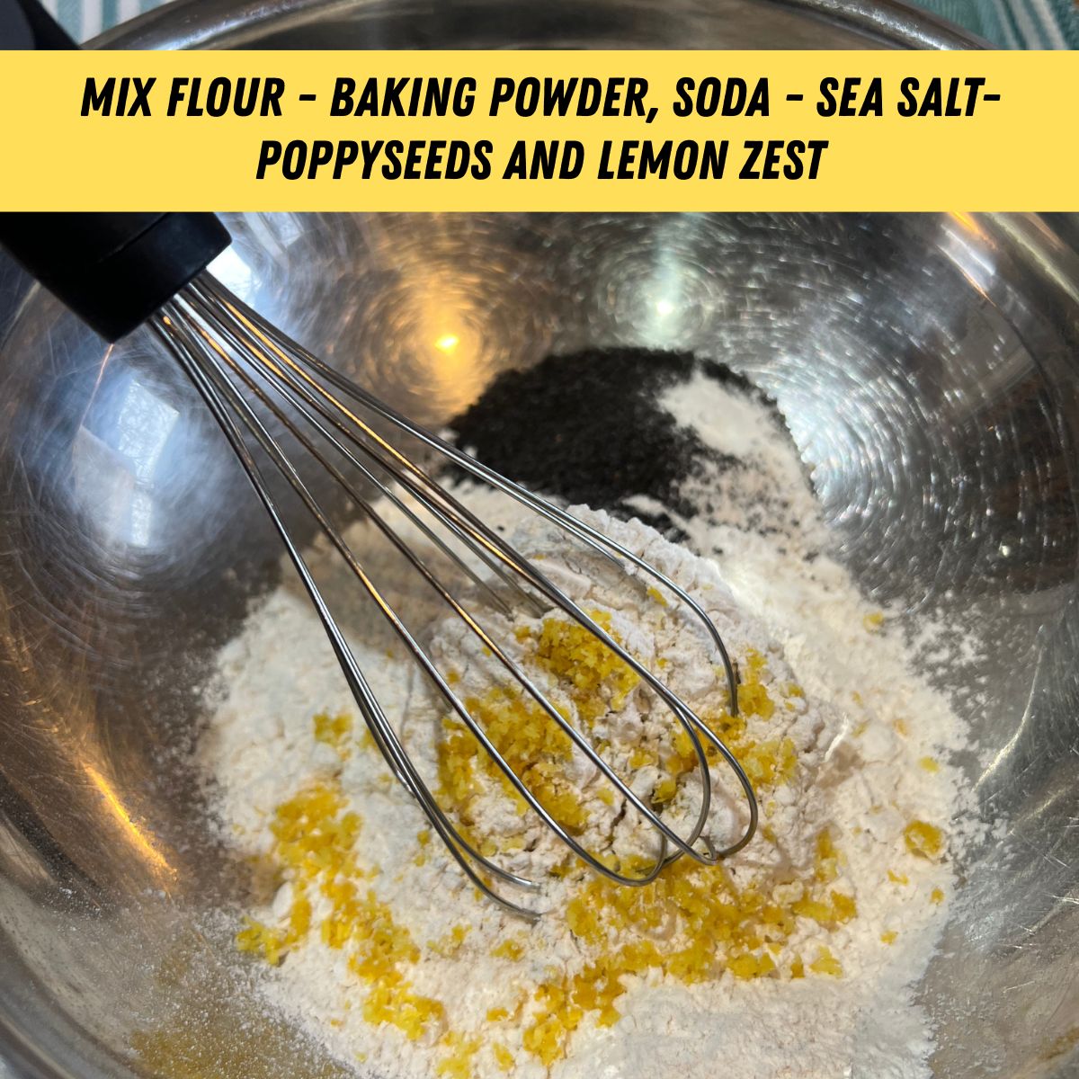 Dry lemon loaf ingredients in a bowl