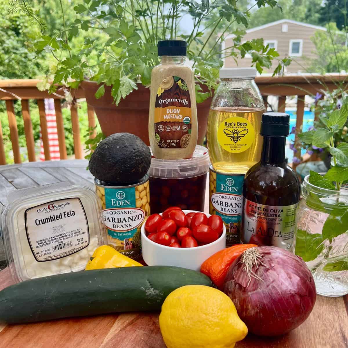 No-Bake Summer Chickpea Salad Ingredients on a table