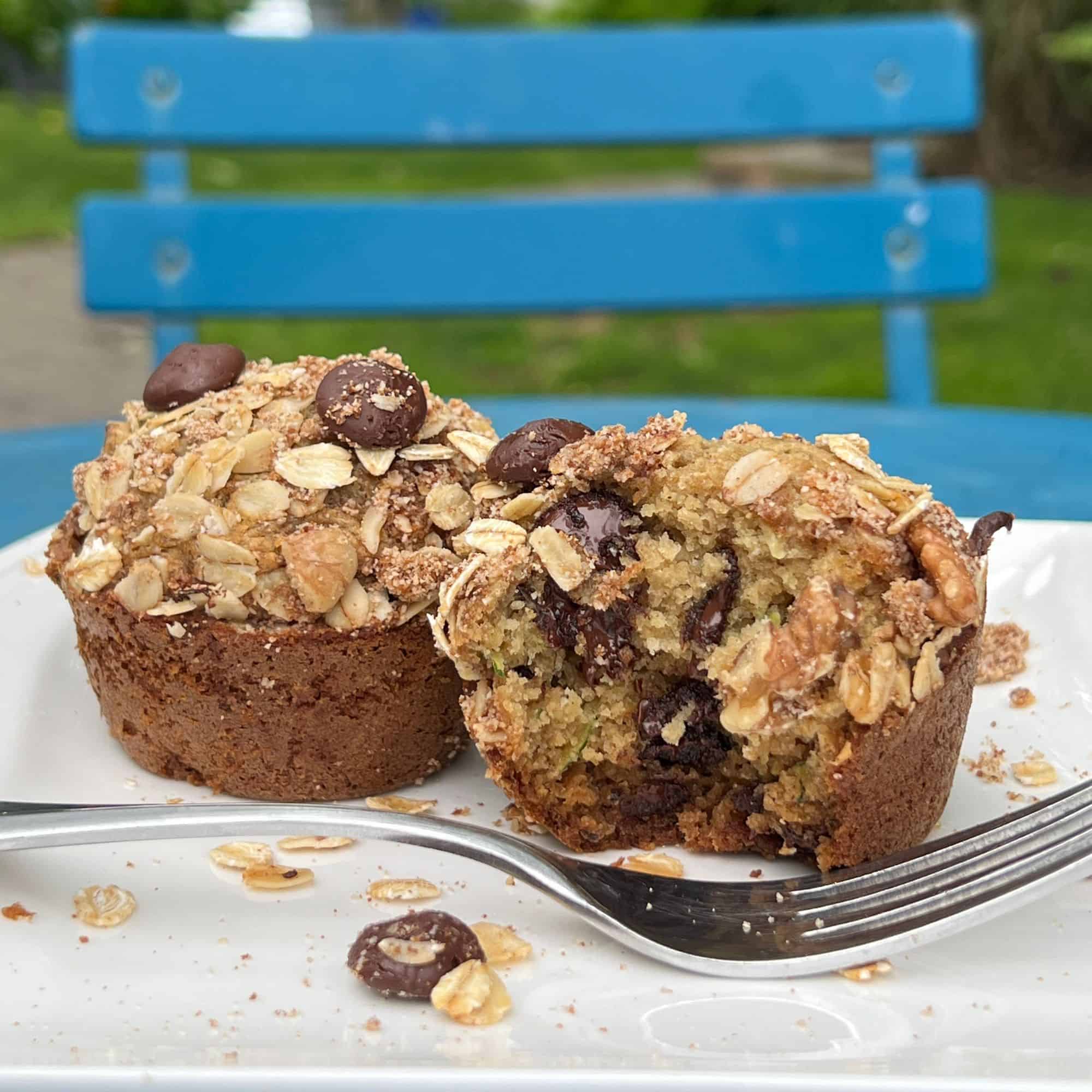Two Chocolate Chip Banana Zucchini Breakfast Muffins on a plate with a fork