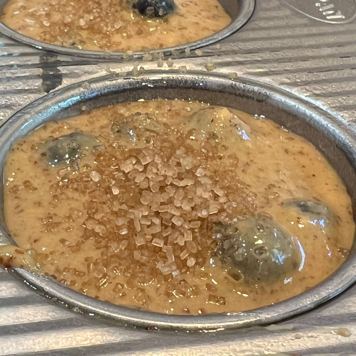 Coconut sugar topped blueberry muffin batter in a muffin tin