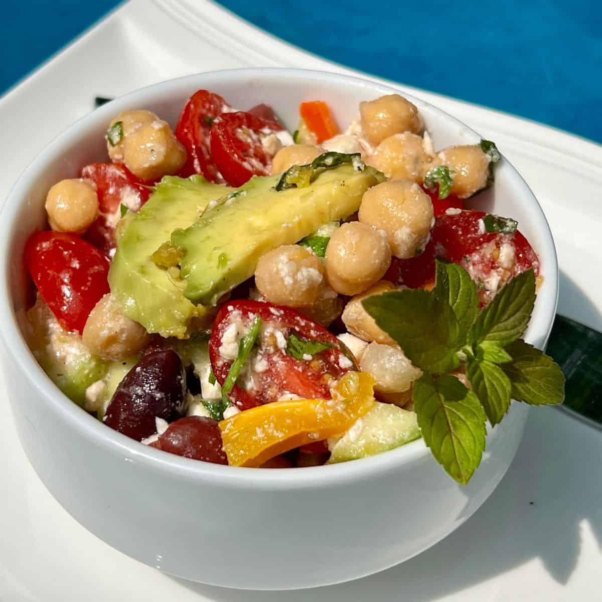 No-Bake Chickpea Salad in a white bowl