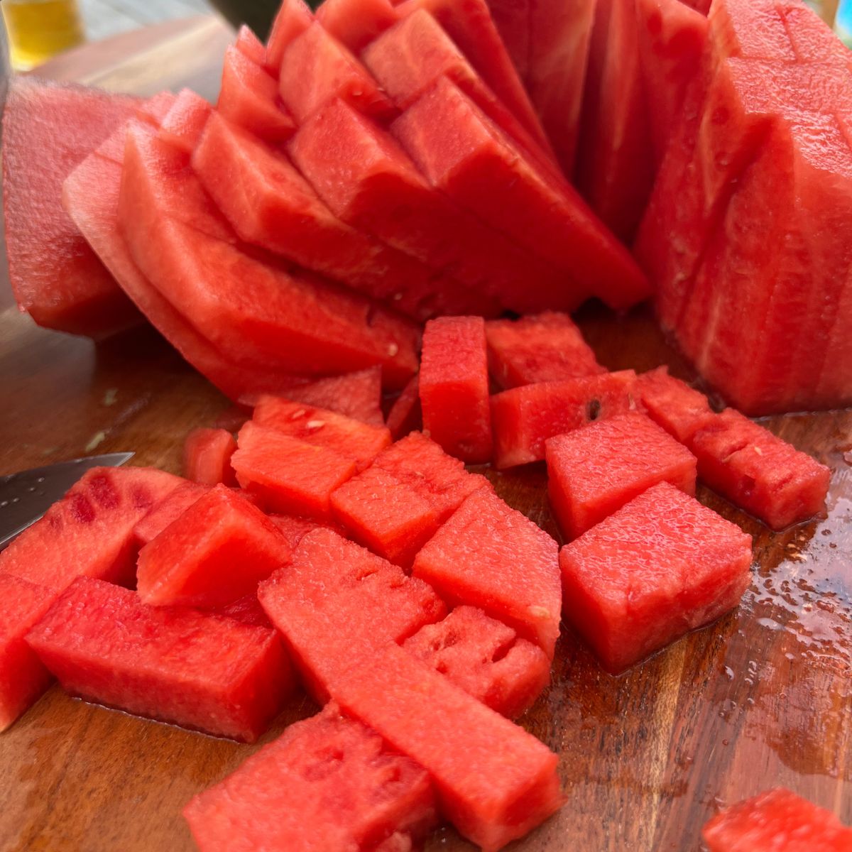 Cubed watermelon for a watermelon feta mint salad
