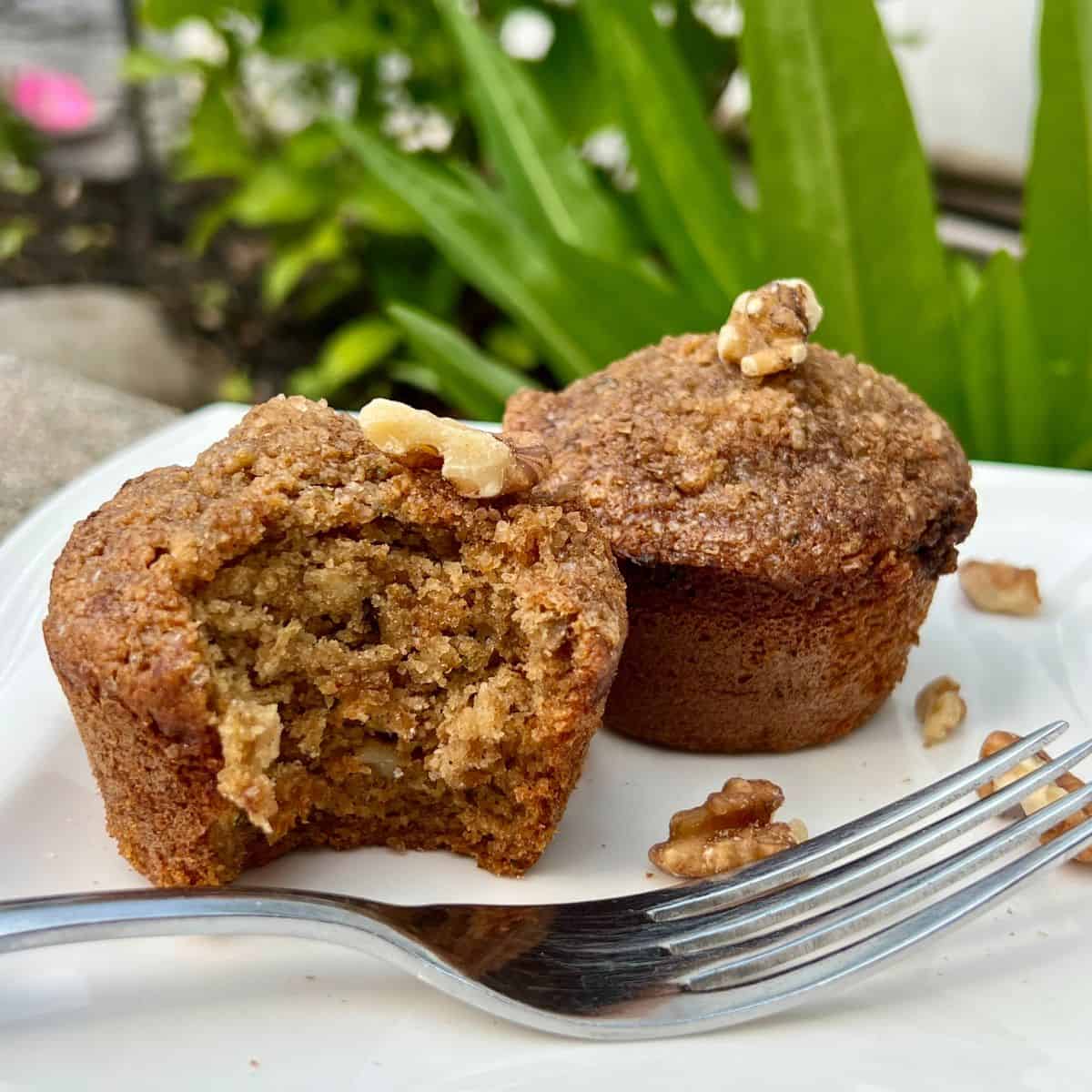 Healthy Zucchini Muffins on a plate in a garden