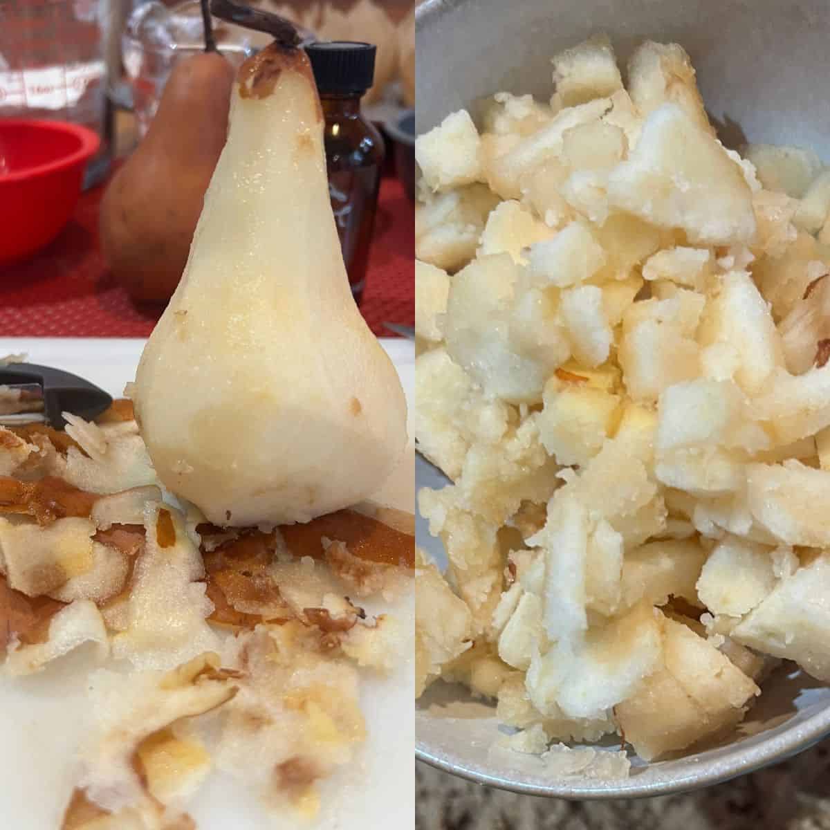 Peeled and cubed pears for healthy cinnamon pear crumble muffins
