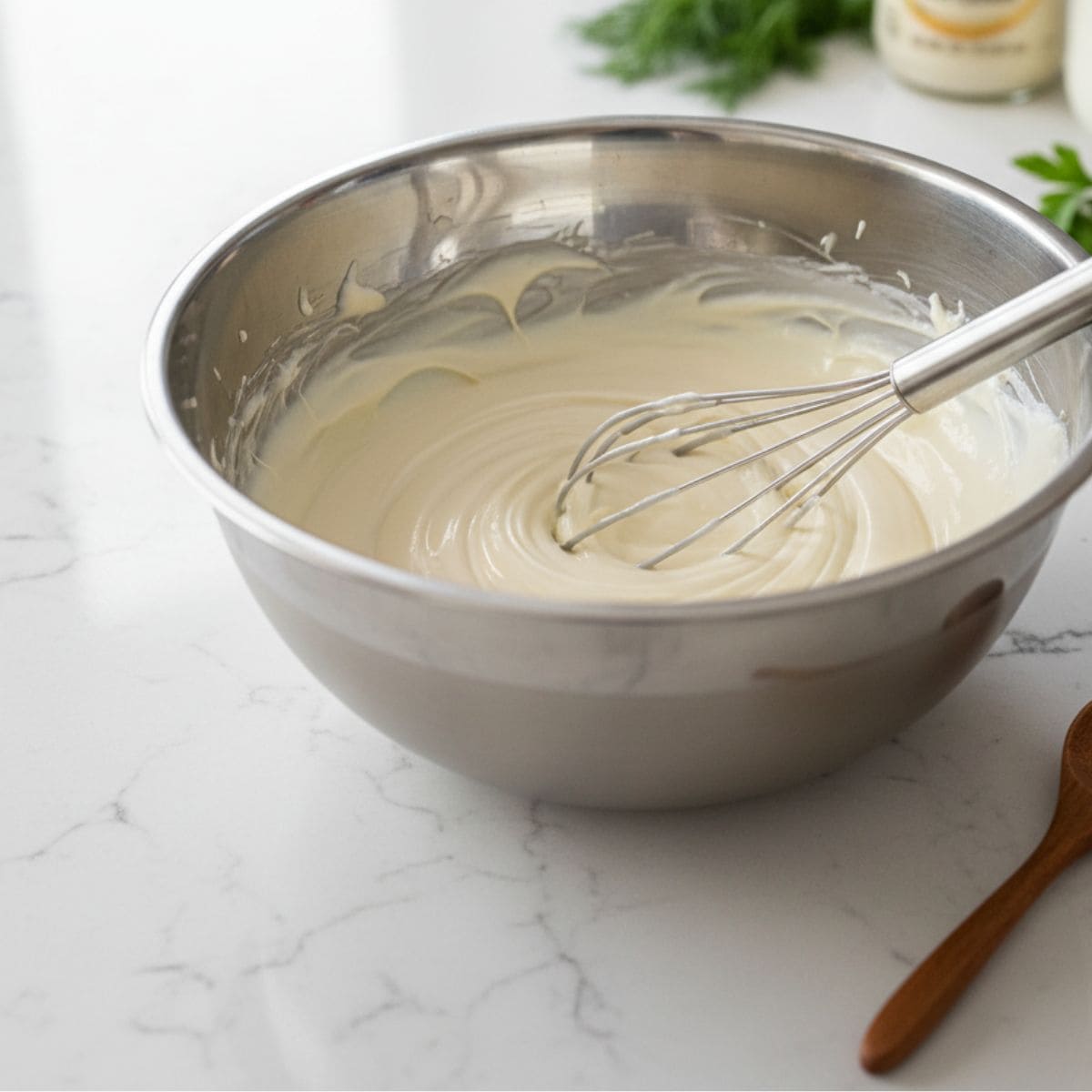 Greek yogurt and light mayo in a stainless steel bowl for a healthy macaroni salad recipe
