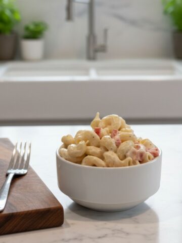 A bowl of healthy macaroni salad