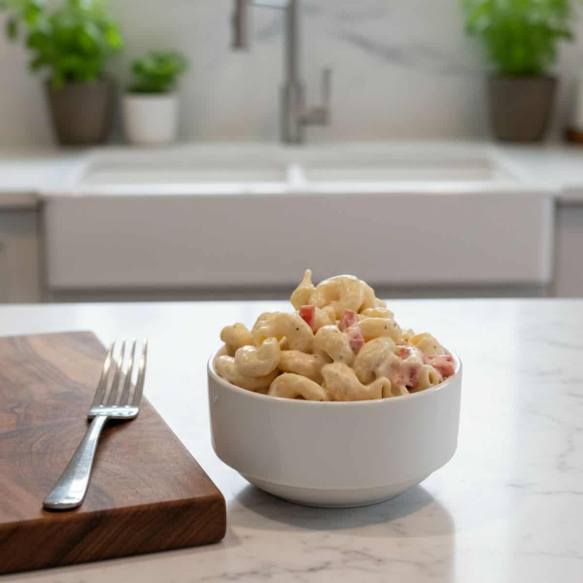 A bowl of healthy macaroni salad