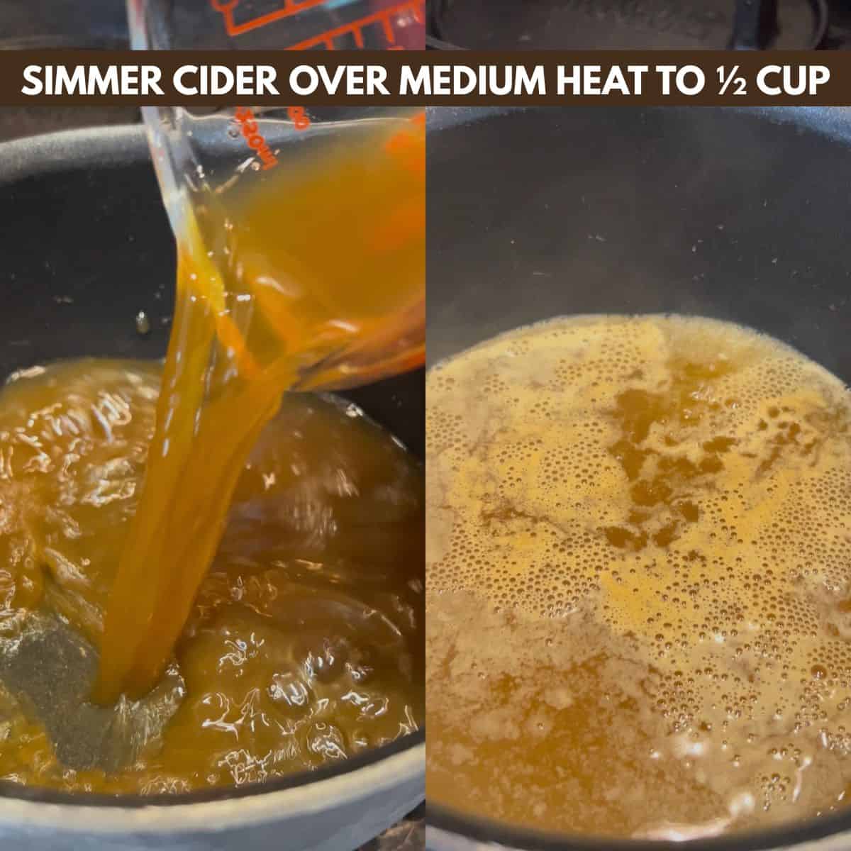 Reducing apple cider in a pot for apple cider donuts recipe