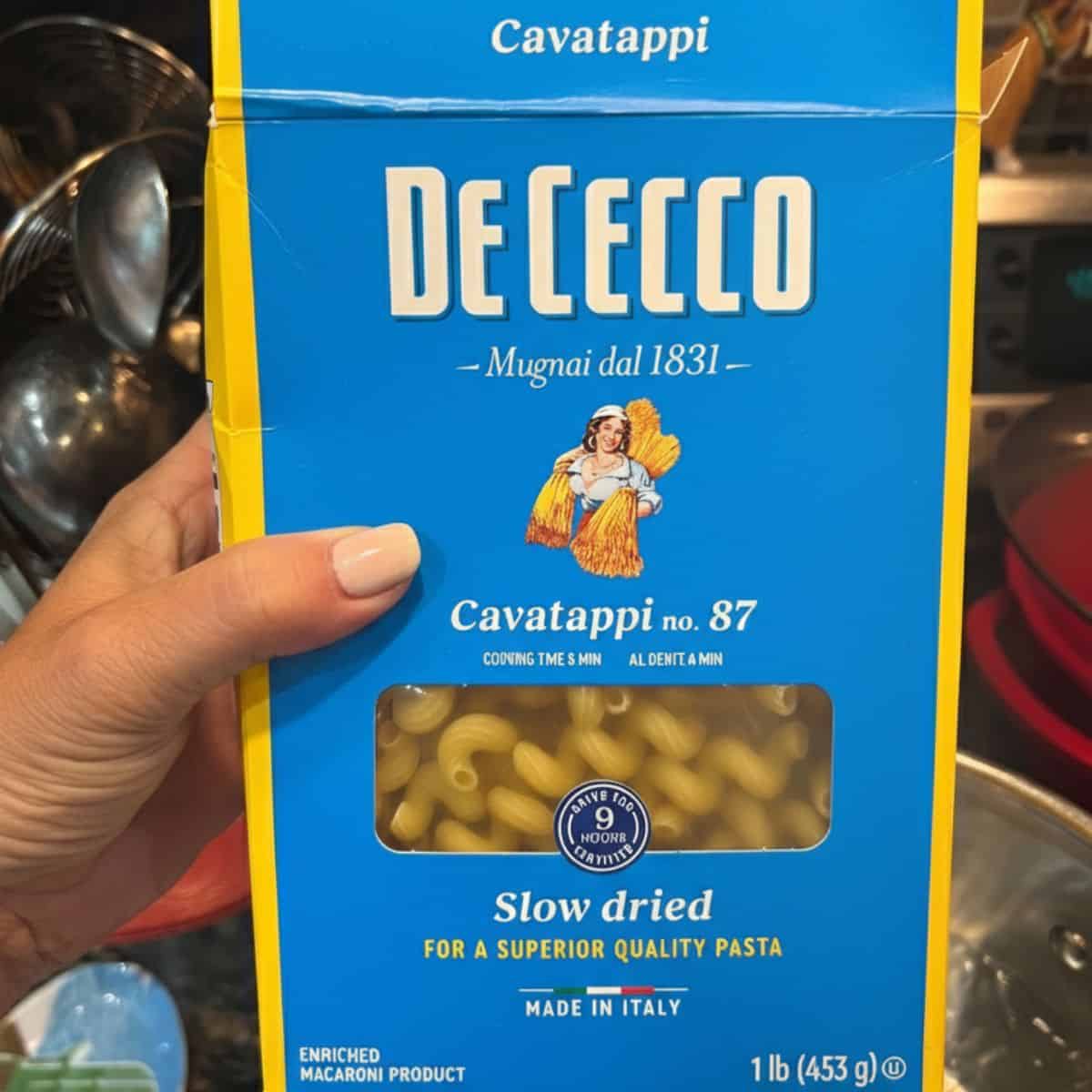 A box of cavatappi pasta for healthy macaroni salad