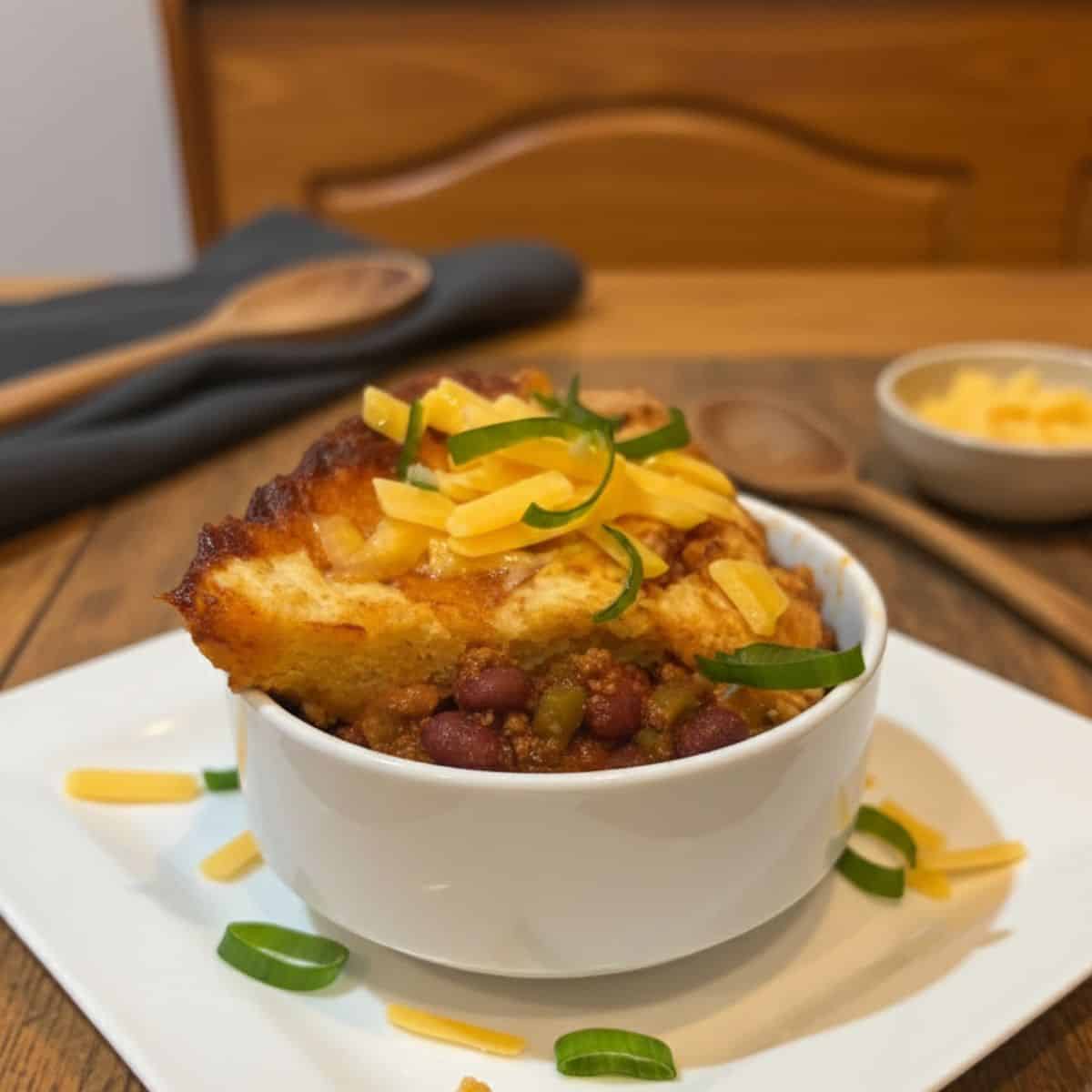 Homemade Tex-Mexx chicken chili with cornbread topping