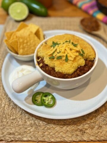 Lightened Up Tex-Mex Chicken Chili with Cornbread Topping