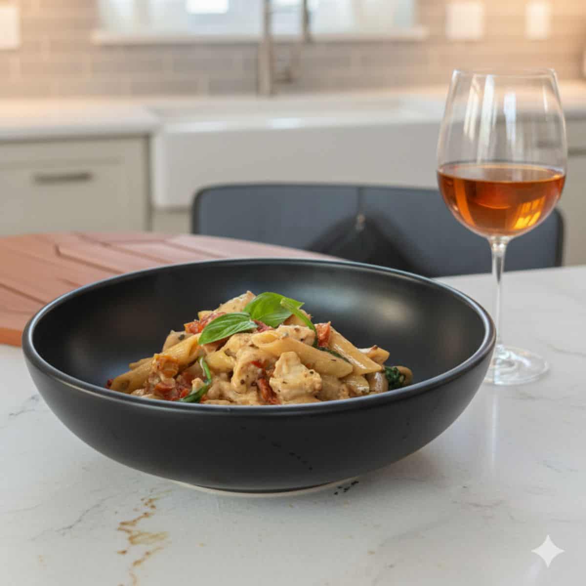 Marry Me chicken pasta in a black bowl on the kitchen counter