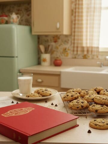 A vintage red good housekeeping cookbook on a kitchen counter with chocolate chip cookies