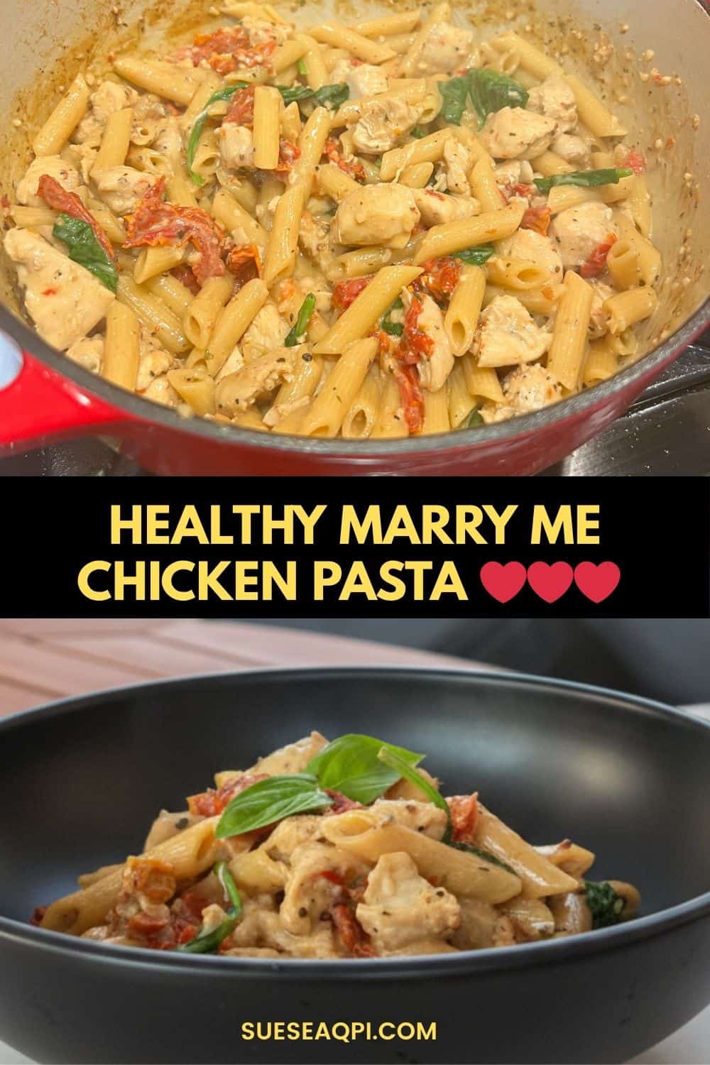 Healthy Marry me chicken pasta dinner in a stockpot