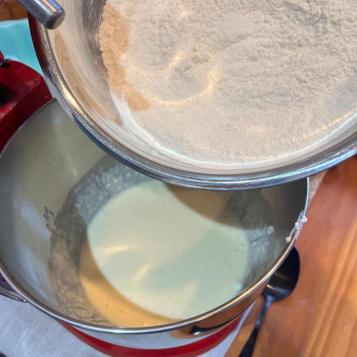 Adding dry ingredients to a Kitchenaid mixing for for a Nothing but the Bundt cake recipe