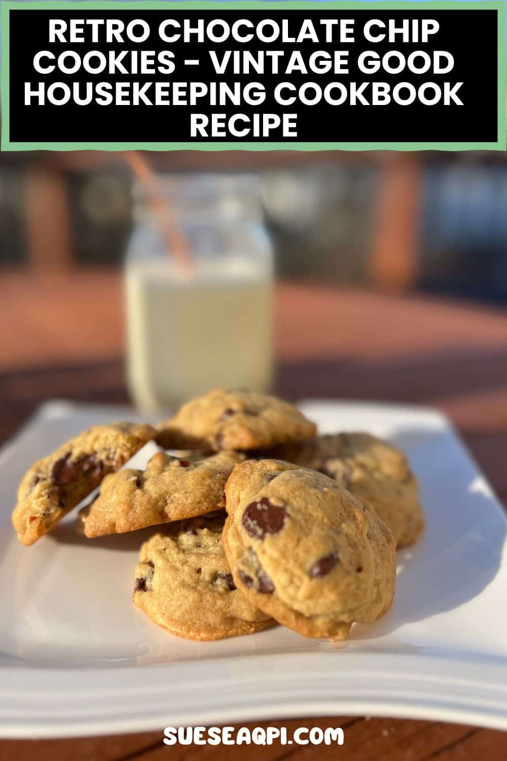 Homemade retro chocolate chip cookies on a plate with a glass of milk