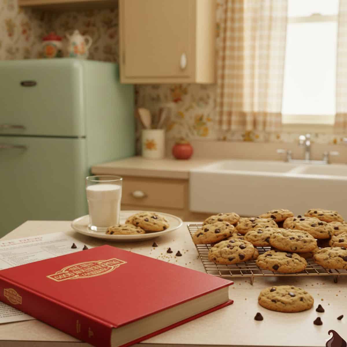 Retro Chocolate Chip Cookies on a kitchen counter with a Vintage Good Housekeeping Cookbook