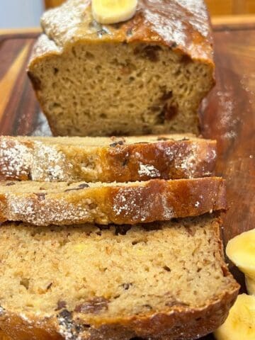 A loaf of protein packed cottage cheese banana bread sliced
