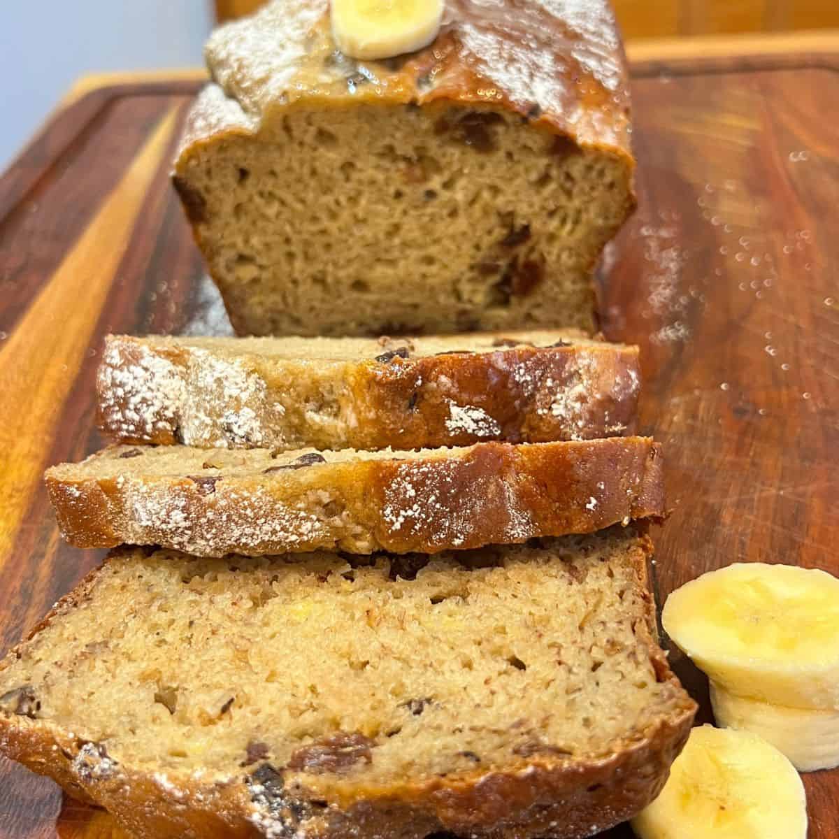 A loaf of protein packed cottage cheese banana bread sliced