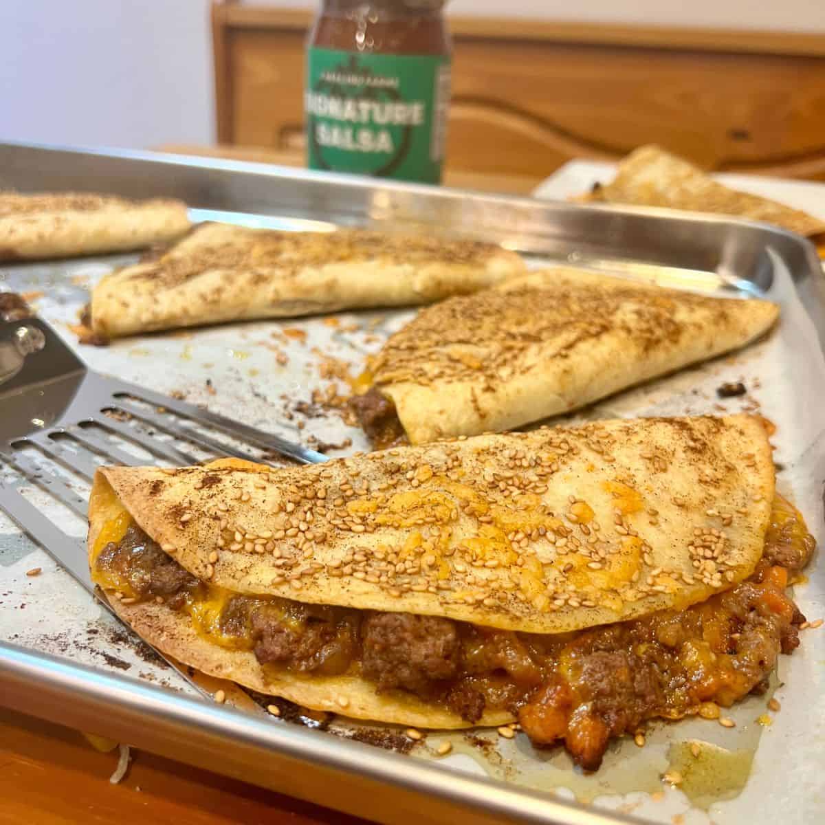 Sheetpan Beef Tacos on a baking pan