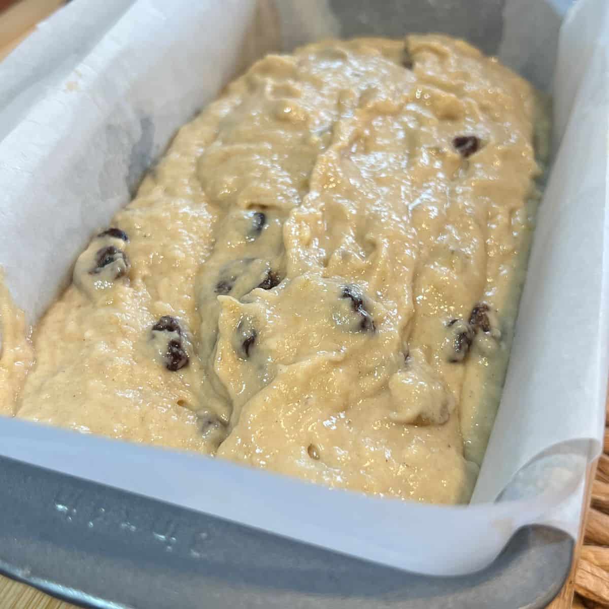 Cottage cheese banana bread batter in a loaf pan