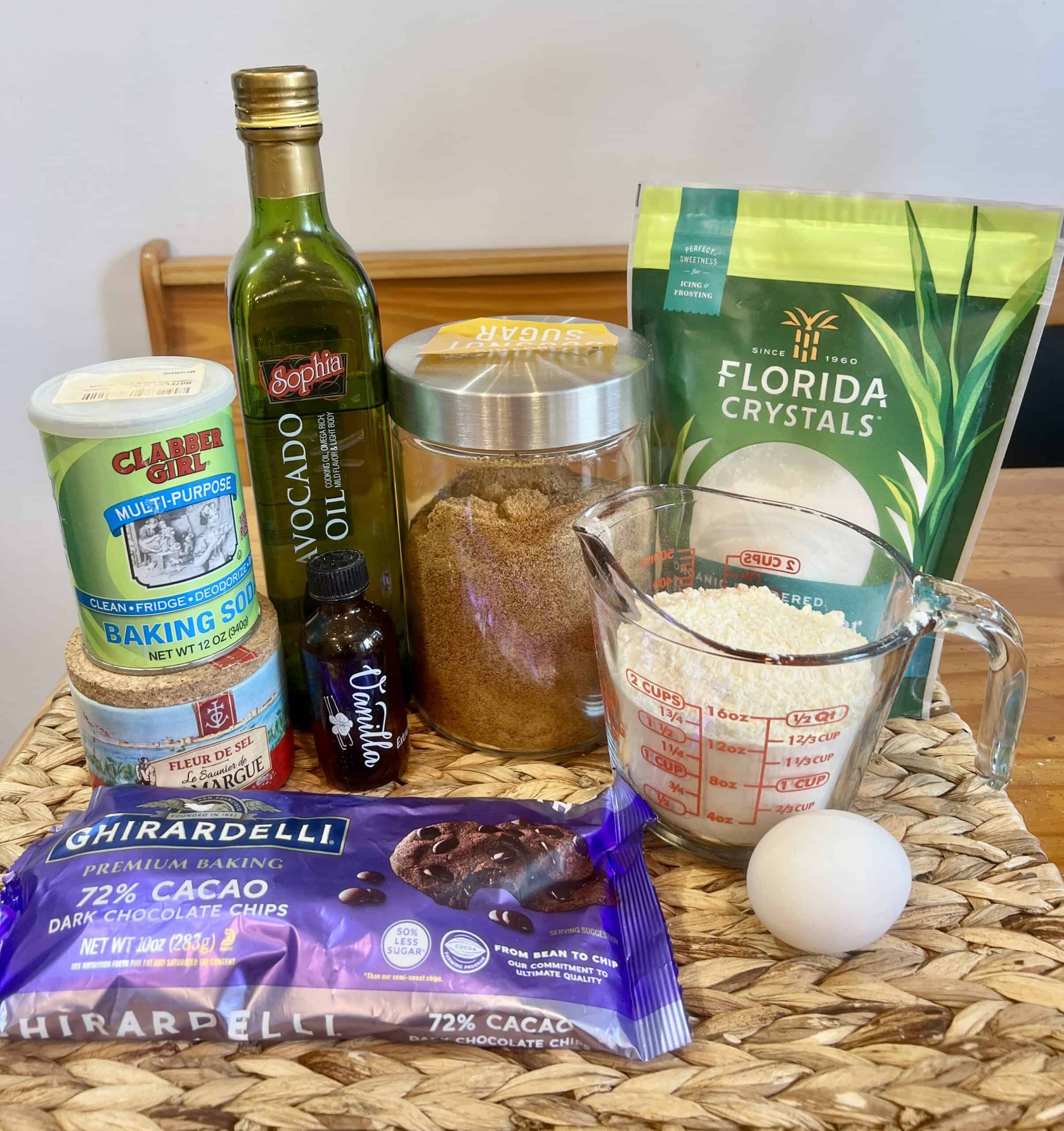 Chocolate chip cookie ingredients avocado oil coconut sugar cane sugar and chocolate chips