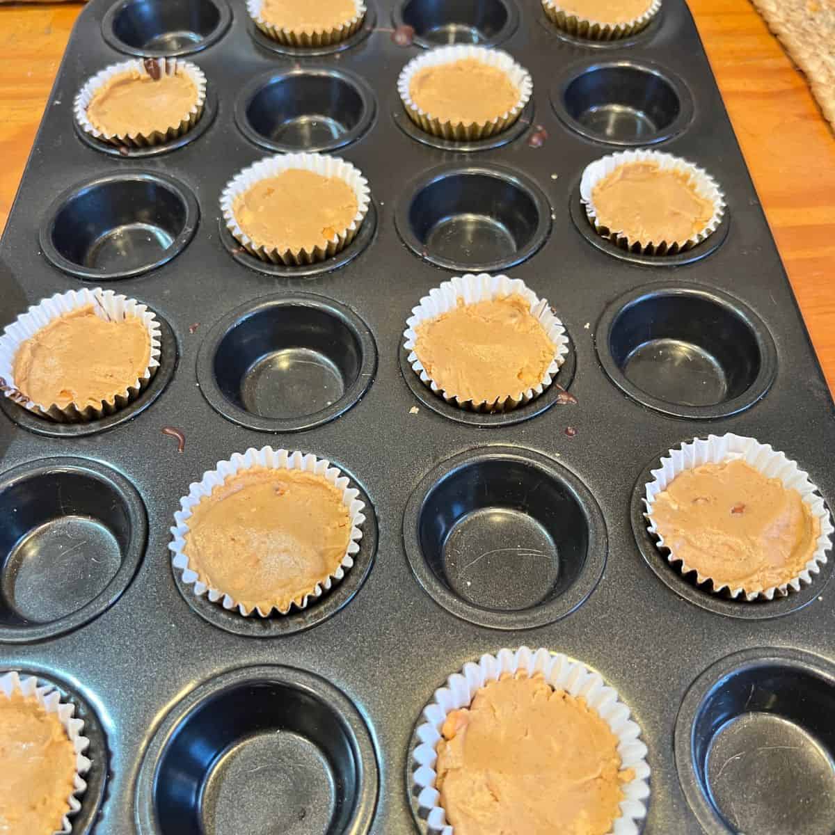 Chocolate peanut butter cups in a mini muffin pan
