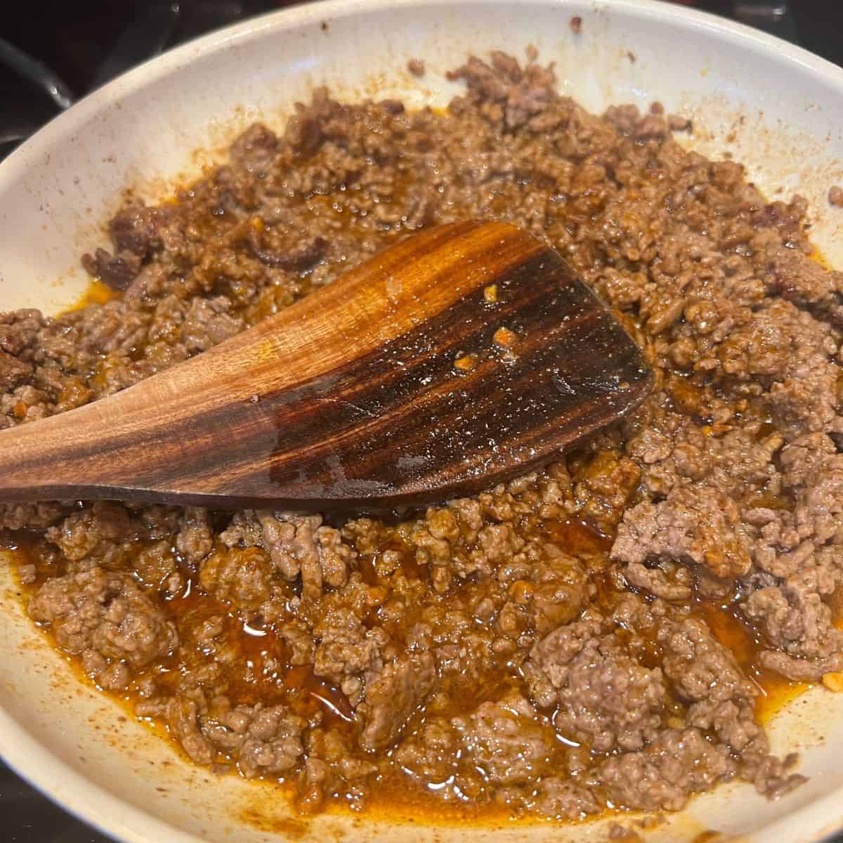 Beef taco meat in a ceramic pan