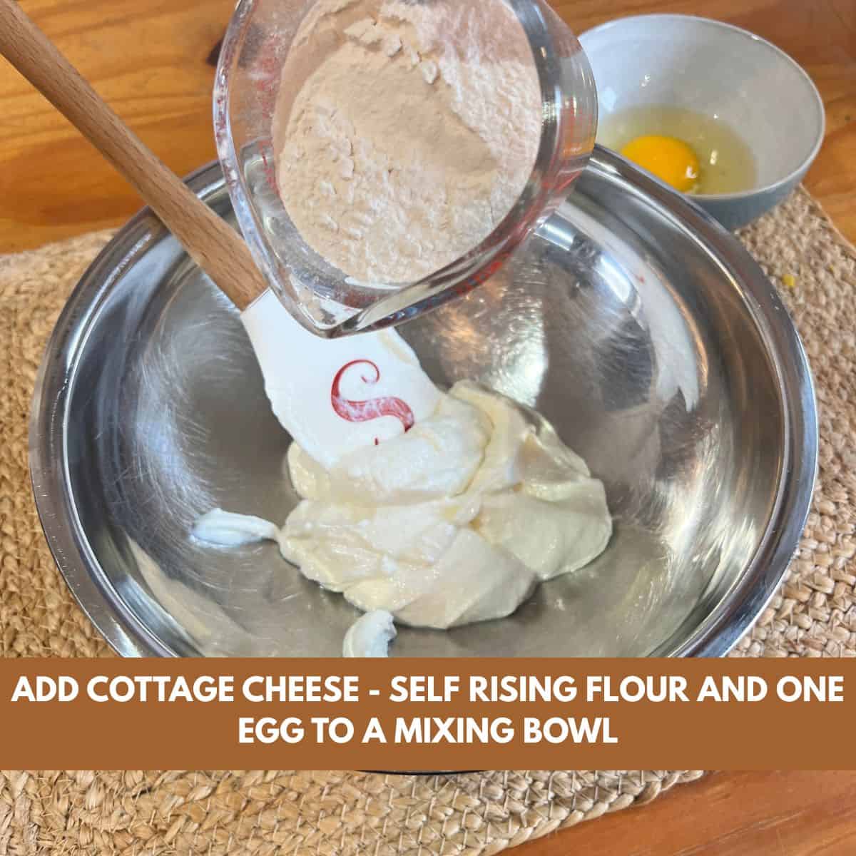 Adding self rising flour to a bowl with cottage cheese to make pizza crust