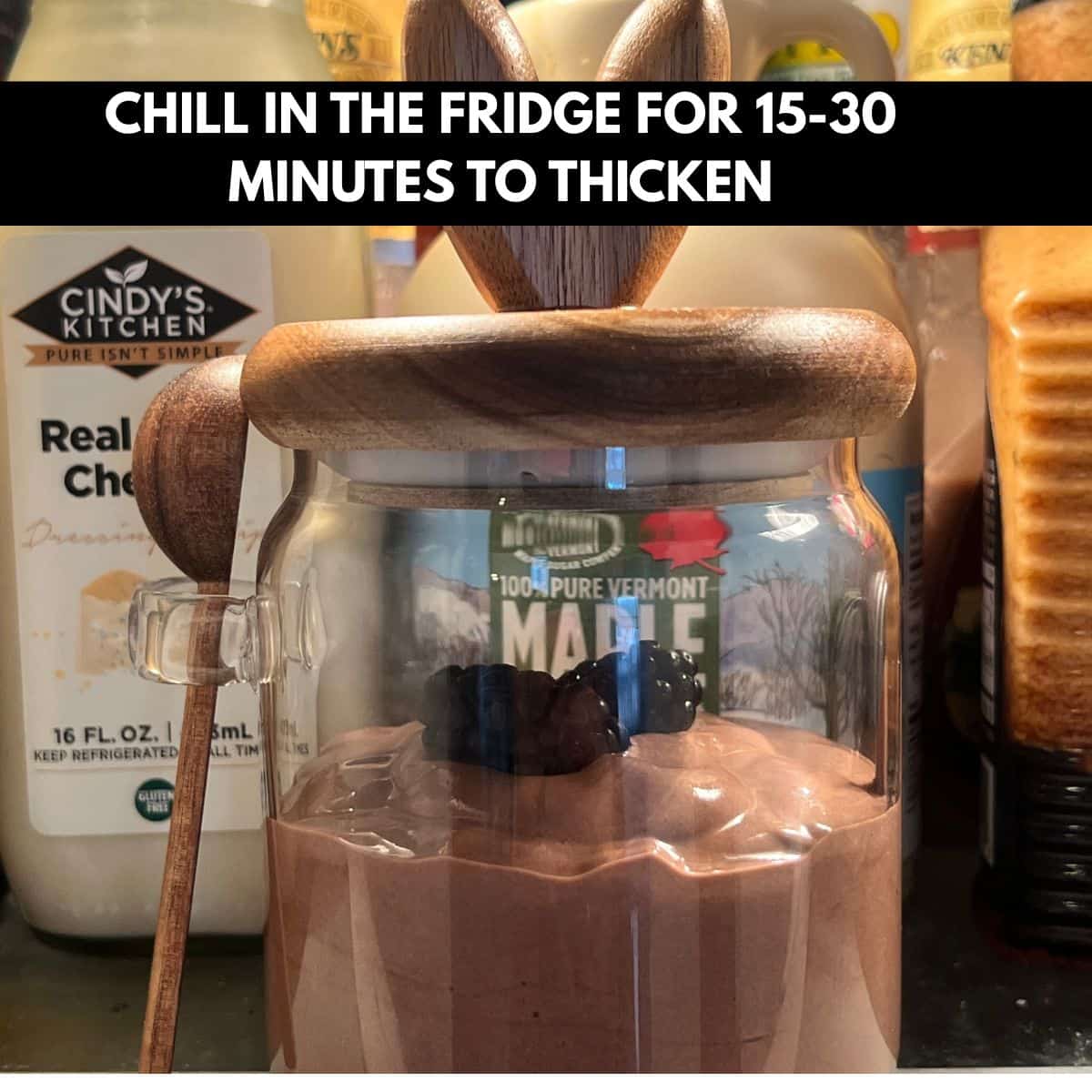 Chilling 3 ingredient chocolate cottagee cheese mousse in the refrigerator