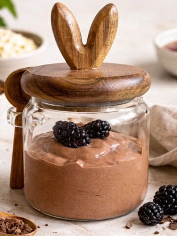 3 Ingredient Chocolate Cottage Cheese Mousse in a bunny glass jar