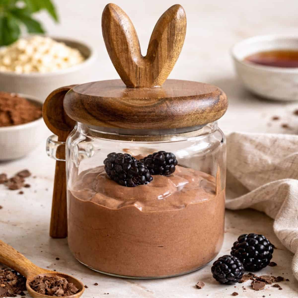 3 Ingredient Chocolate Cottage Cheese Mousse in a bunny glass jar