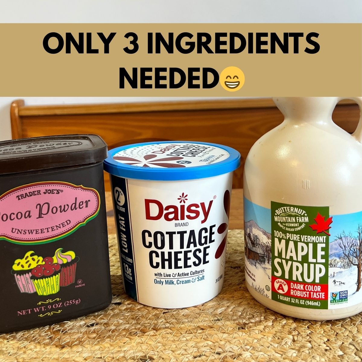 Unsweetened cocoa powder - cottage cheese and maple syrup on a table for cottage cheese mousse recipe