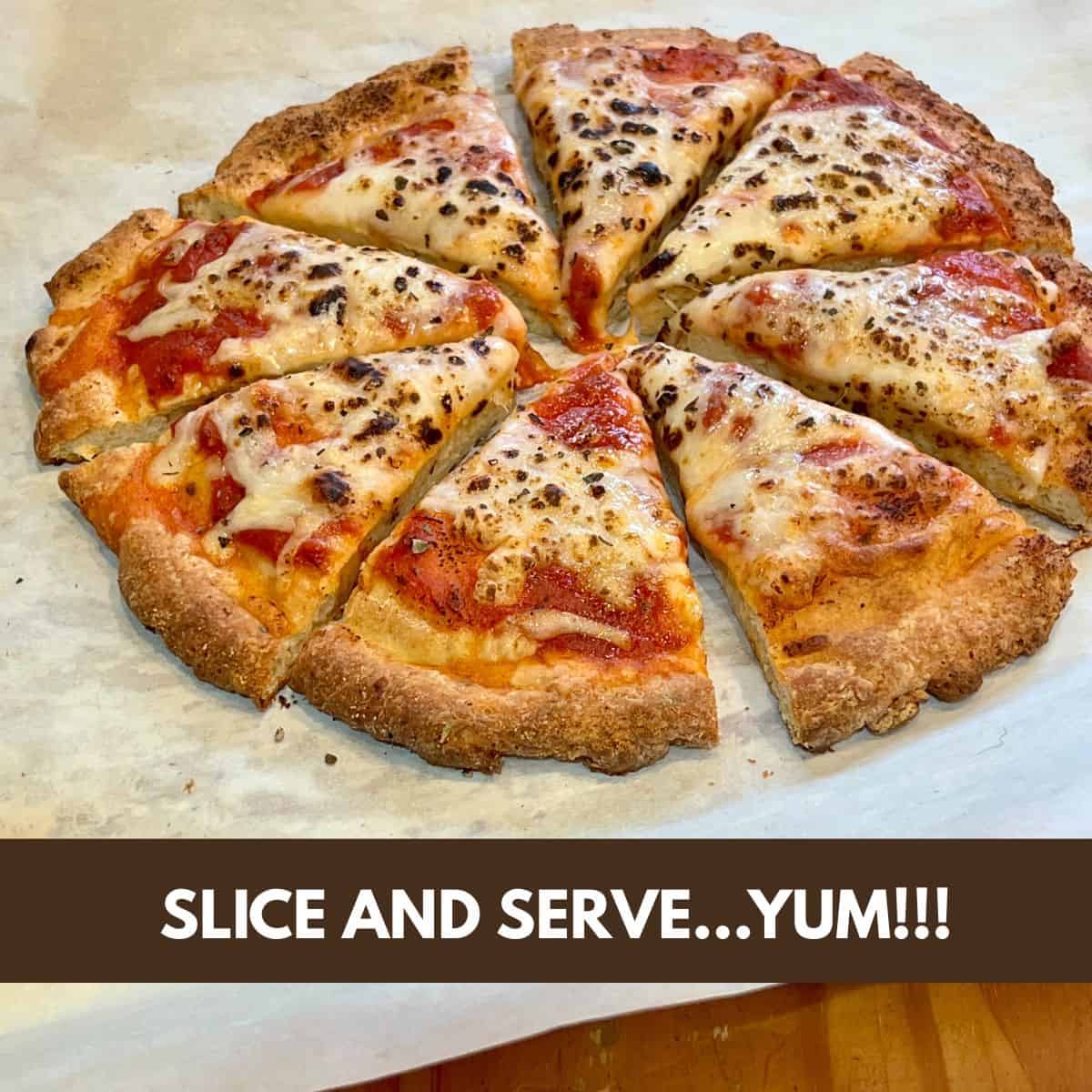 A sliced cottage cheese crust pizza pie