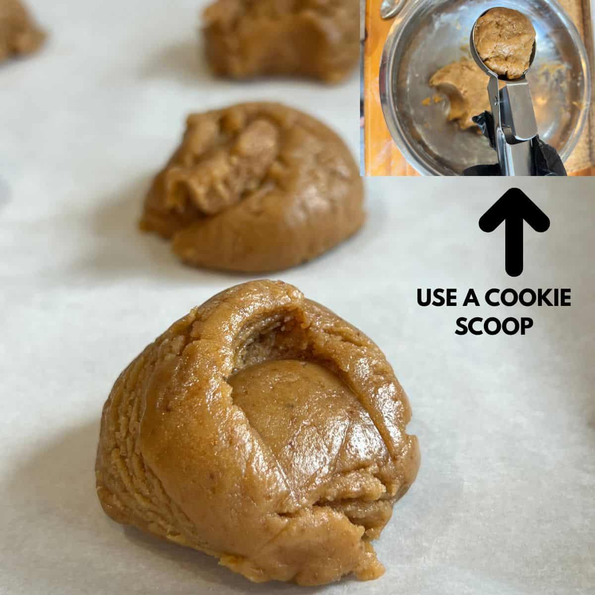 A cookie scoop making healthy sugar cookie dough balls on a sheetpan