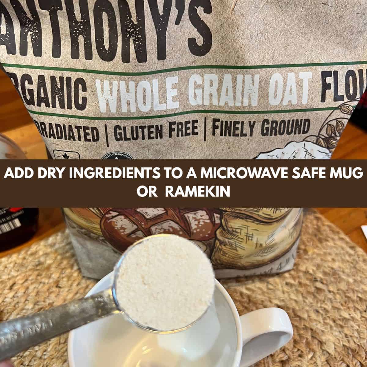 Adding oat flour to a microwave-safe mug for strawberry shortcake mug cake
