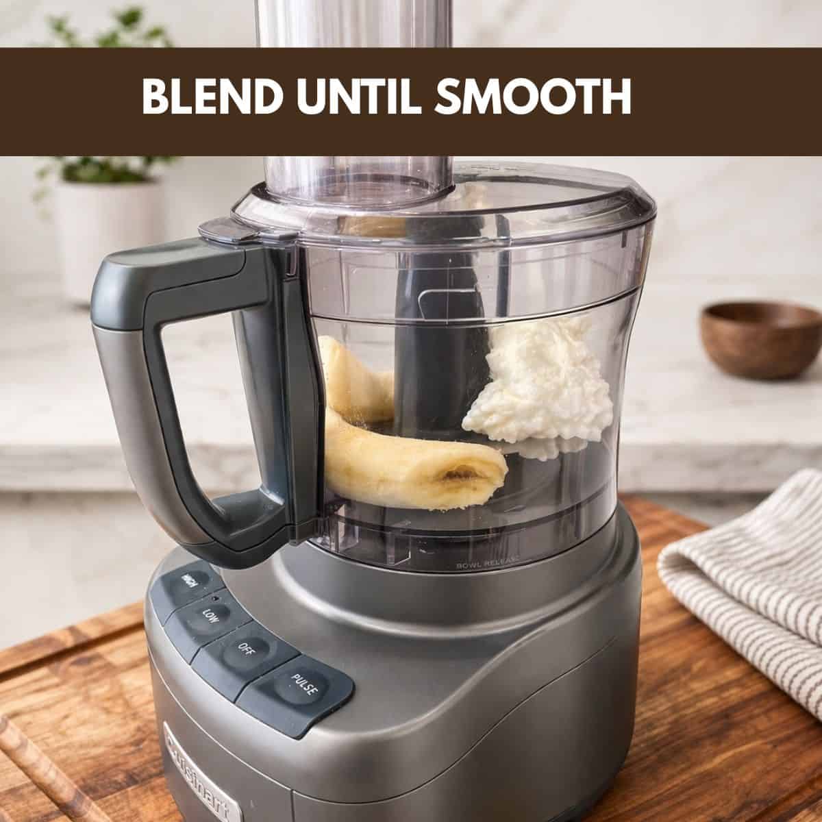 Over ripe bananas and cottage cheese in a food processor to blend for cottage cheese pancake muffins