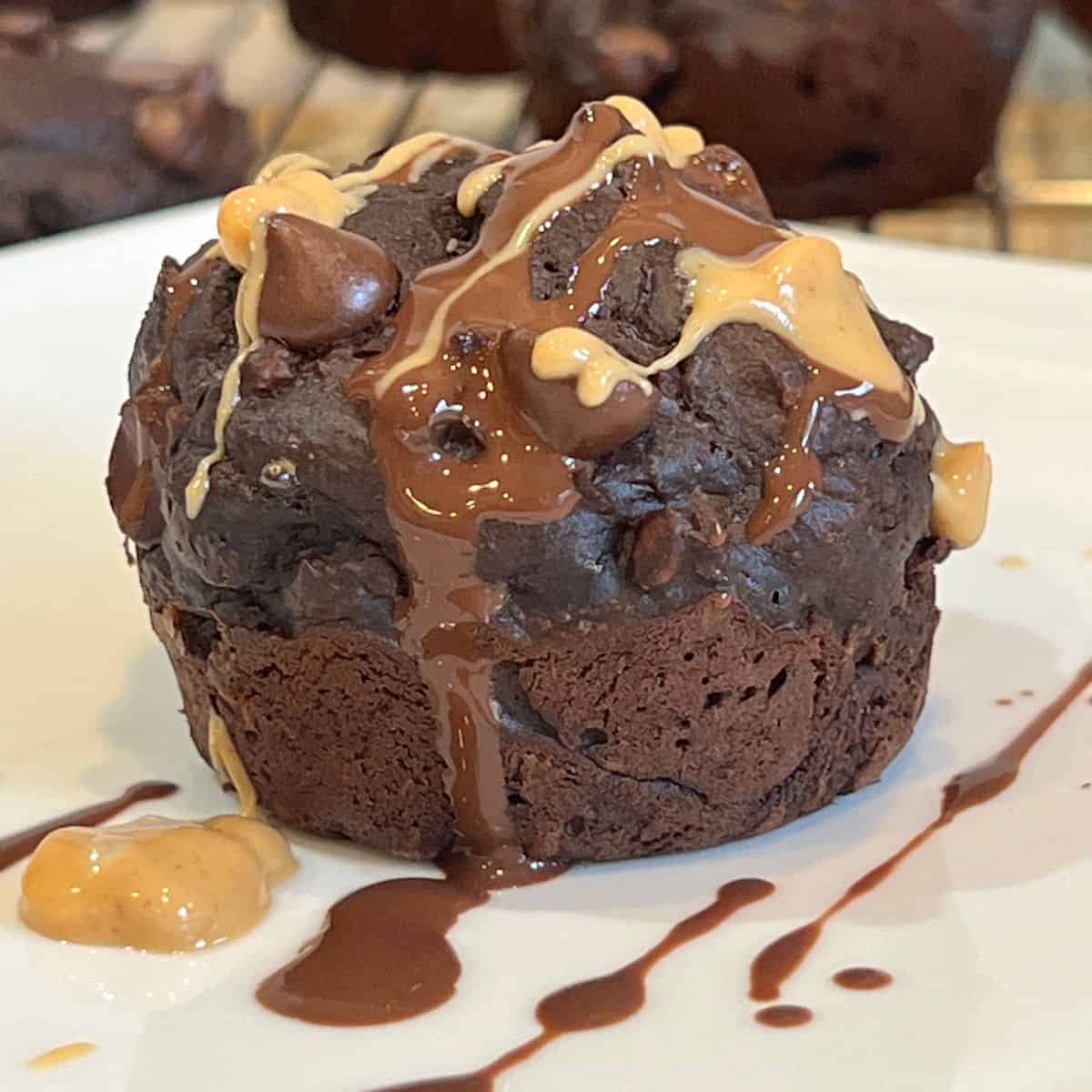Close-up of healthy chocolate chip peanut butter muffin with melted chocolate and peanut butter drizzle on a white plate