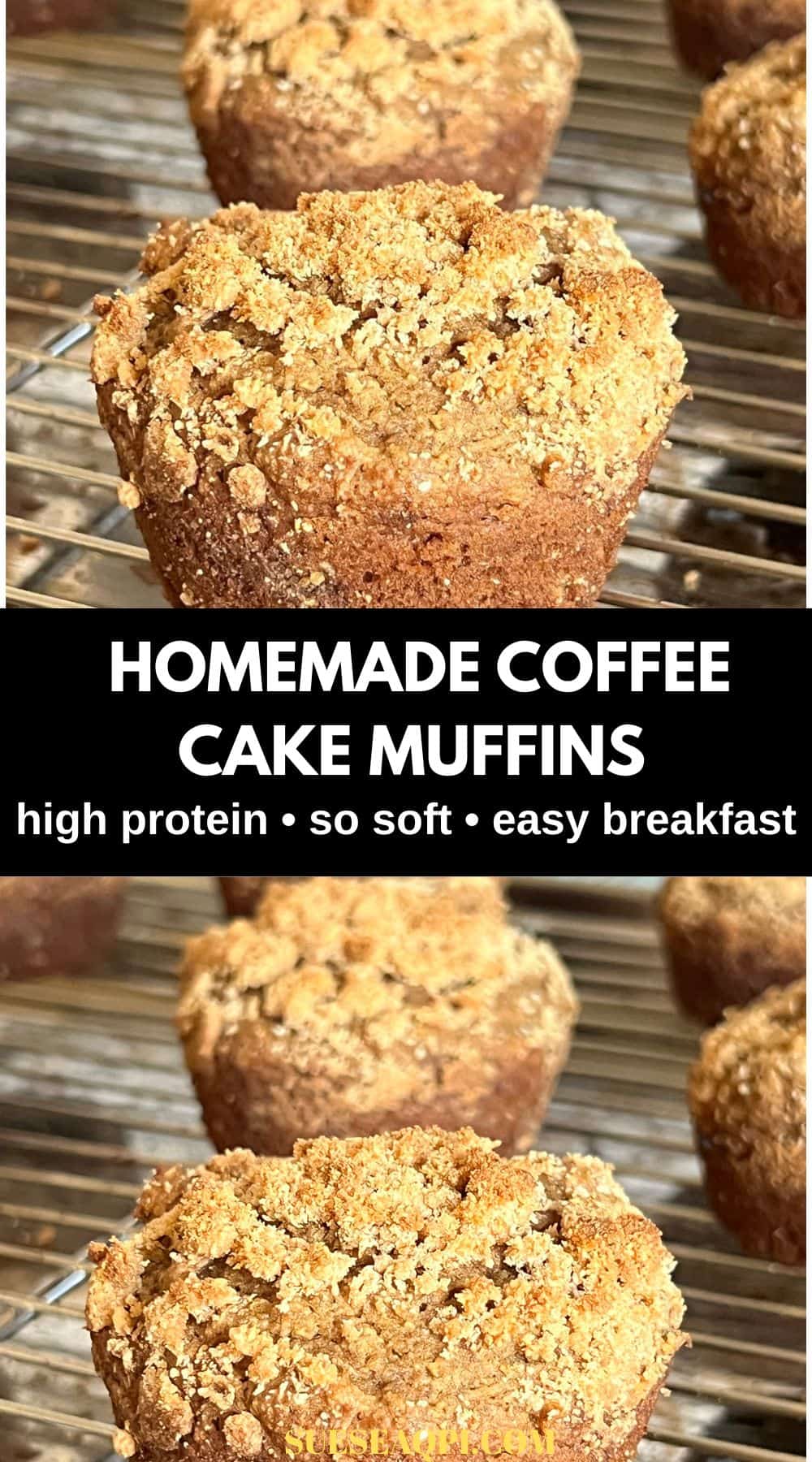 Greek yogurt coffee cake muffins on a wire rack with crumb topping, showing a soft, fluffy texture and cinnamon streusel