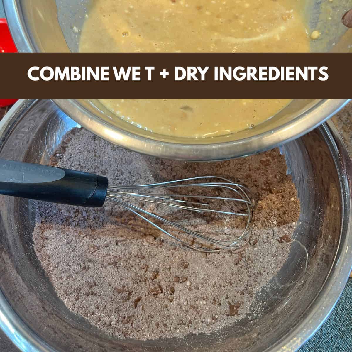 Wet ingredients being poured into bowl of dry ingredients to make chocolate peanut butter muffin batter
