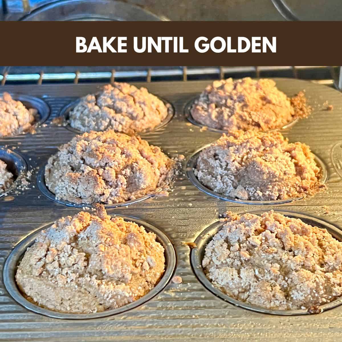Coffee cake muffins baking in the oven with crumb topping turning golden brown