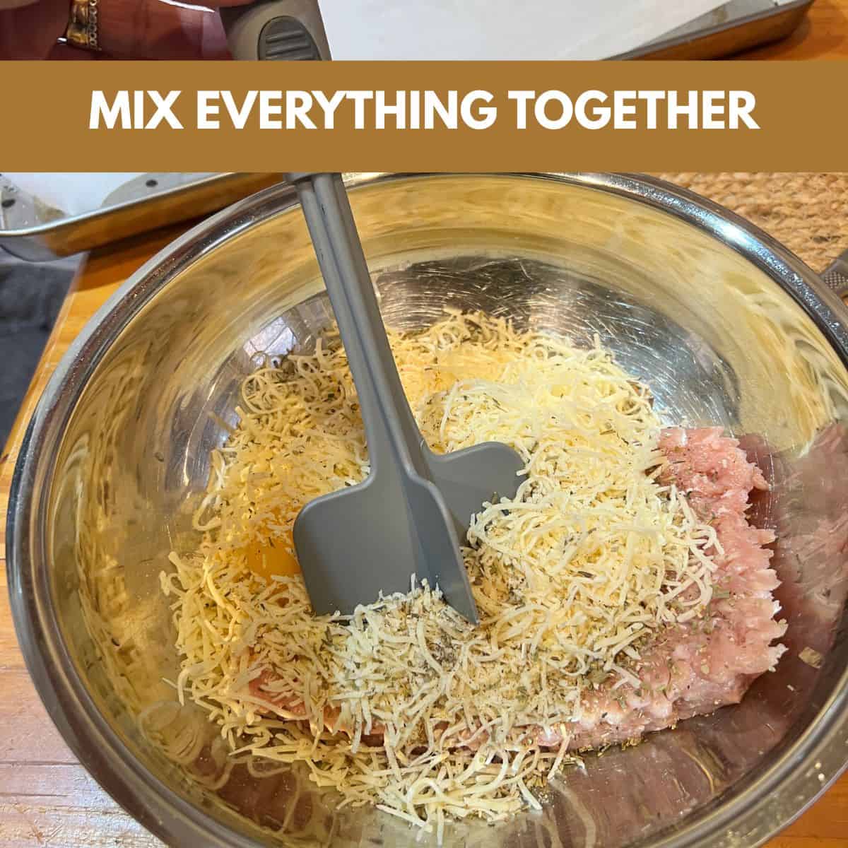 Ground chicken, egg, cheese, and seasonings being mixed in a bowl for chicken crust pizza