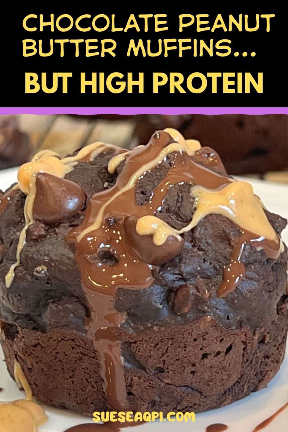 Healthy chocolate chip peanut butter muffins with melted chocolate and peanut butter drizzle, soft and fluffy texture