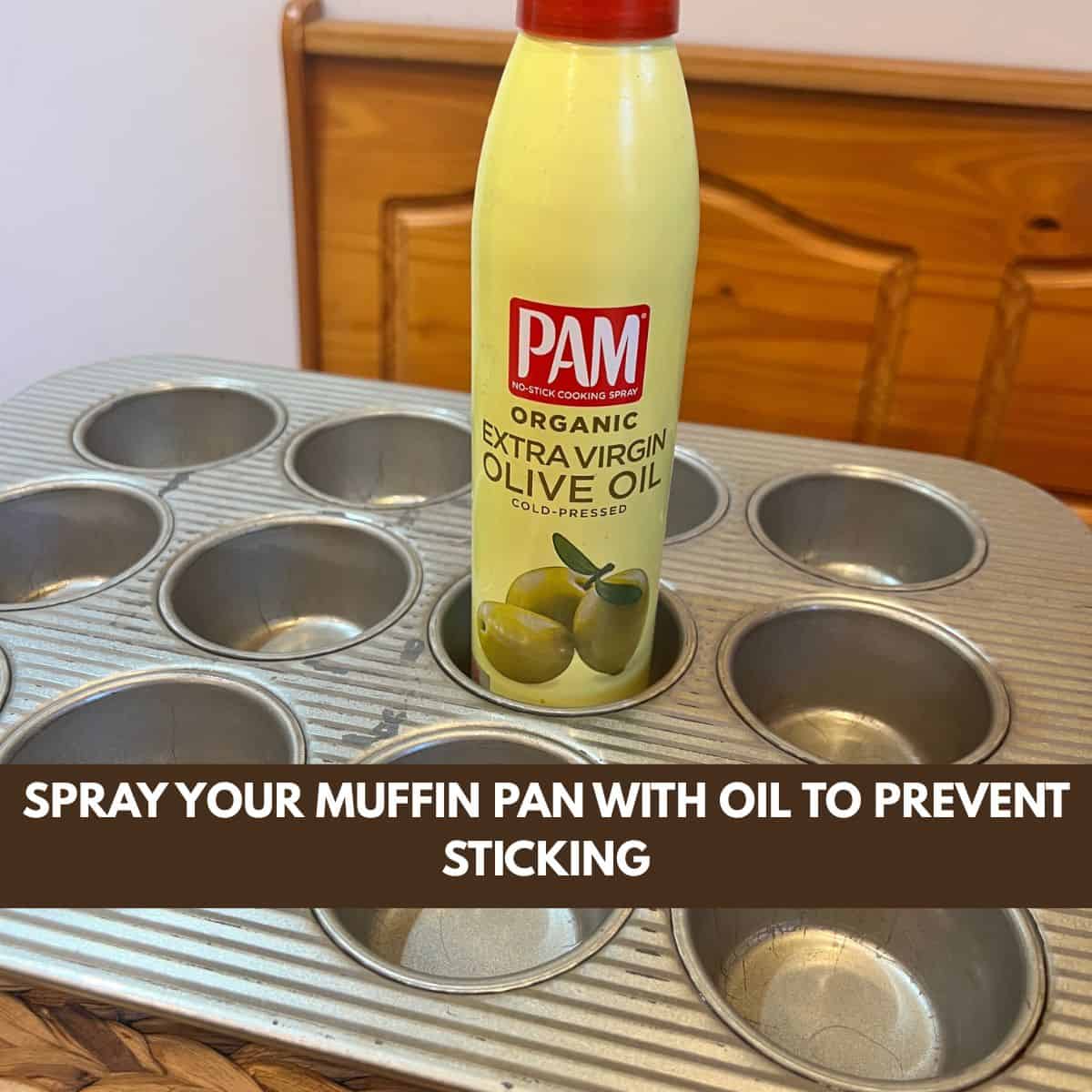 greasing muffin tin with olive oil spray for banana cottage cheese protein muffins