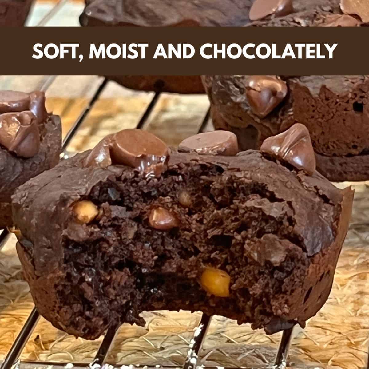 Chocolate peanut butter muffins cooling on wire rack with one muffin showing soft interior after a bite