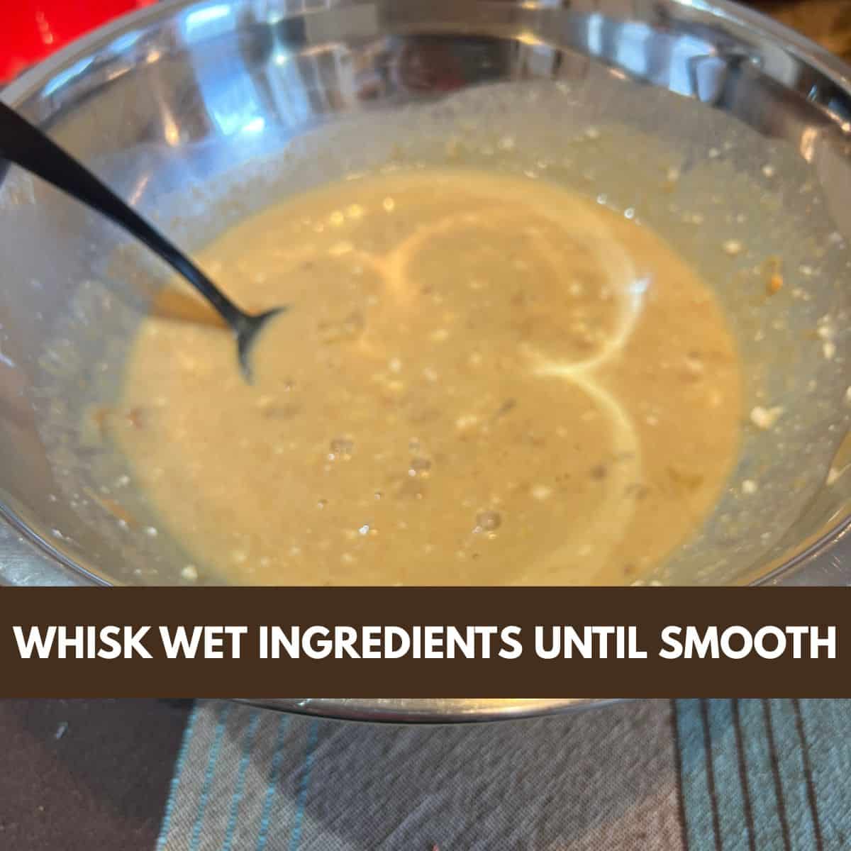 Bowl of peanut butter, blended cottage cheese, egg, maple syrup, and almond milk whisked together until smooth for chocolate peanut butter muffins