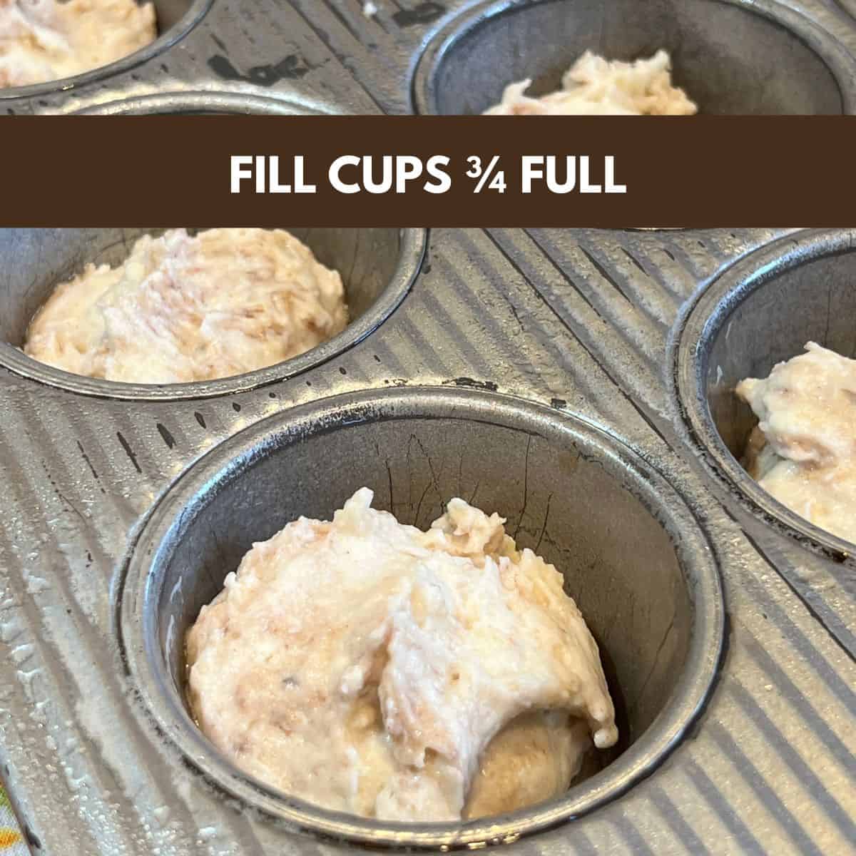 muffin tin filled with banana cottage cheese batter ยพ full before baking protein muffins